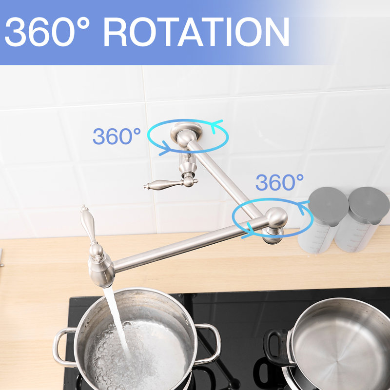 Commercial Kitchen Wall Mount Pot Filler Faucet, Brushed Nickel, Brass Material, Stretchable Double Joint Arms, Style A, Classic Design, Leak - , 360 Rotation, Dual Handles Filler, Mounted Faucet