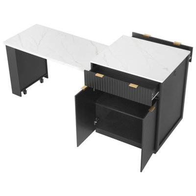 Aether 82.6" Fluted Kitchen Island With Extendable Dining Table For 4-6, Kitchen Island Table With Power Outlet, Double-Side Storage, 2 Drawers And 2