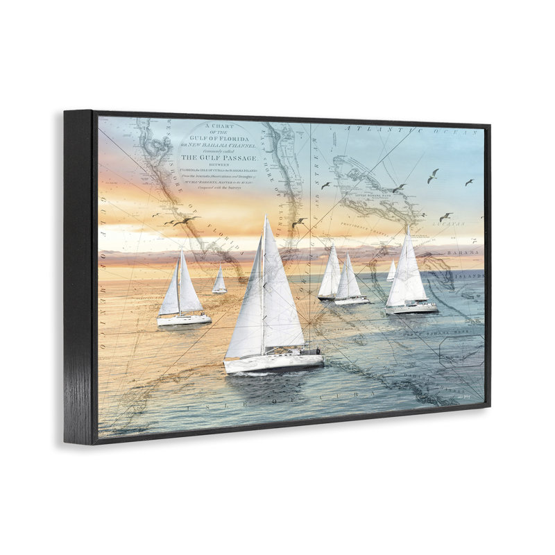 Giclée encadrée de cartes et de bateaux, conception par Amber Sterling, H 12 po x l 18 po, Giclée encadrée noir minuit