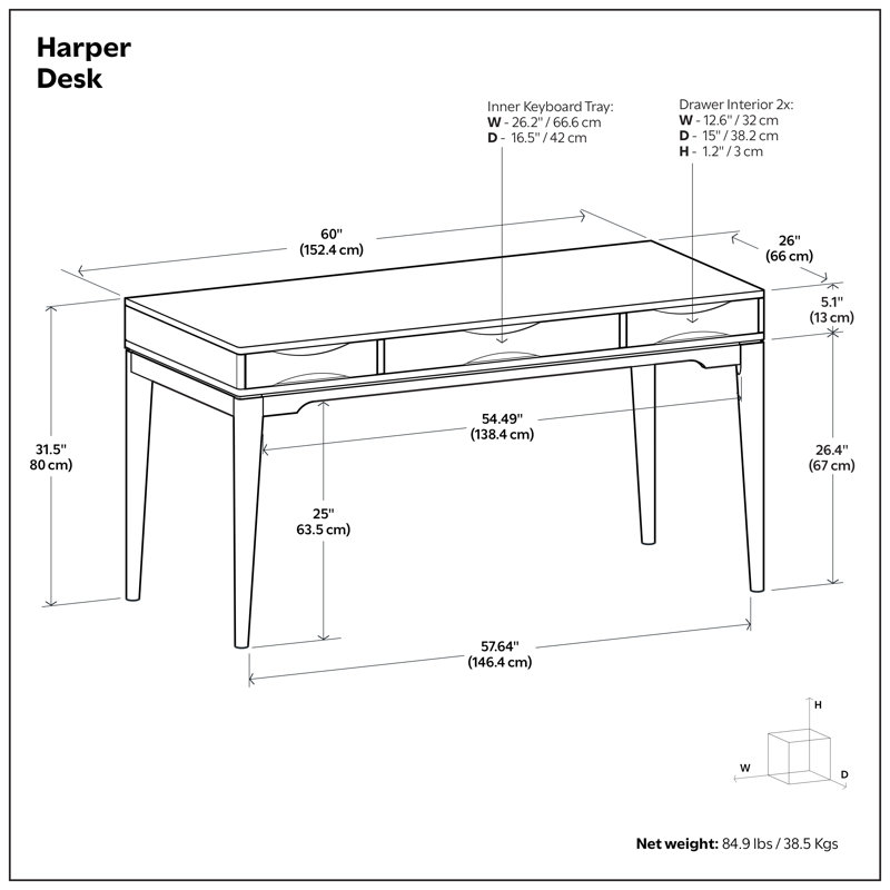 Bureau d'écriture Mid-Century moderne en bois massif avec plateau pour clavier, 2 tiroirs et poignées crantées Harper, Blonde