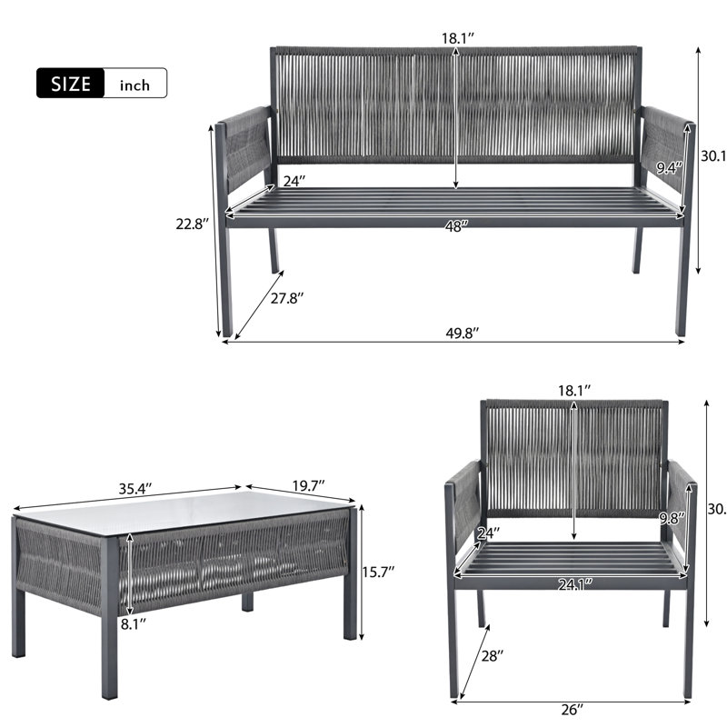 Mobilier d'extérieur gris avec coussins de dossier épais et table en verre trempé, Gris clair, Gris
