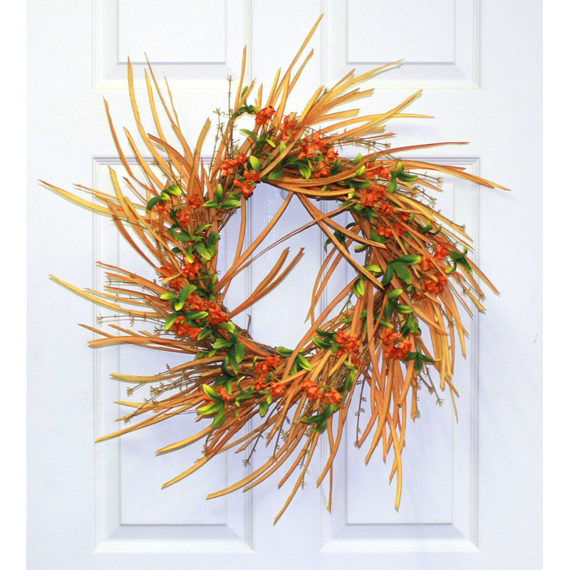 22" Paper Flowers, Leaves & Long Grasses Wreath