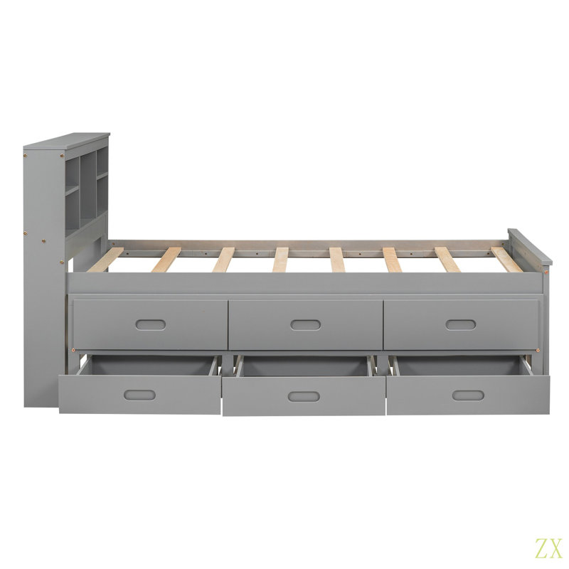 Lit plateforme simple avec tête de lit, USB, lit gigogne simple et 3 tiroirs, Gris