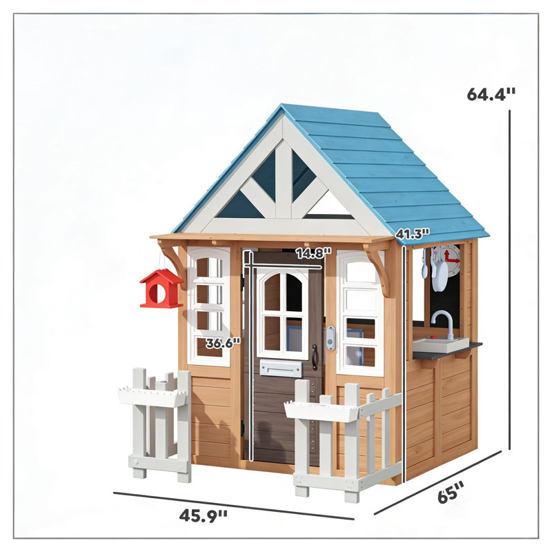 Maisonnette en bois pour enfants avec cuisine, tableau noir et boîte aux lettres