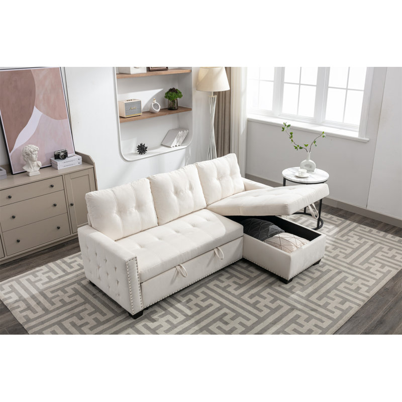 Serita 76.80'' Sleeper, Sofa Bed, L-Shape Sofa with Storage Chaise, Beige Velvet