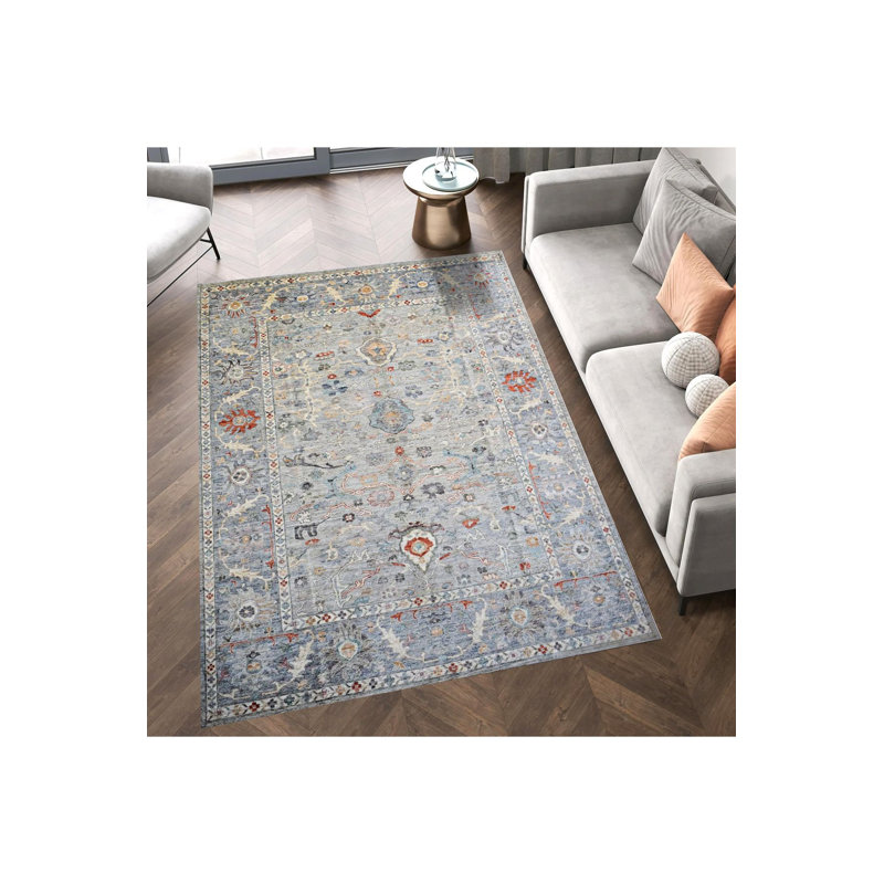 Tapis lavable décoratif à motif floral et motif traditionnel bleu et gris, Tapis de couloir 2 pi 6 po x 6 pi 7 po inclus