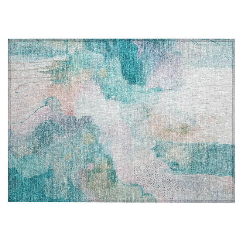 Machine Washable Indoor/Outdoor Xhevrie Turquoise Rug, Rectangle 1'8" x 2'6"