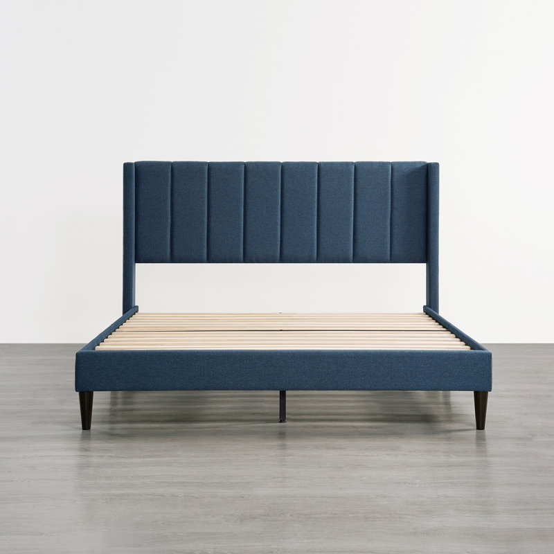 Modern Wingback Bed with Vertical Channel Tufting, Soft Corduroy Upholstery, Solid Wood Platform Frame, Queen, Blue