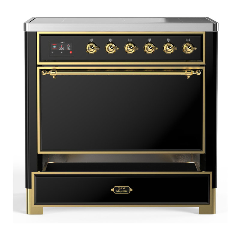 Cuisinière à induction 36 pouces avec 6 éléments à induction en noir brillant (garniture laiton) de la série Majestic III