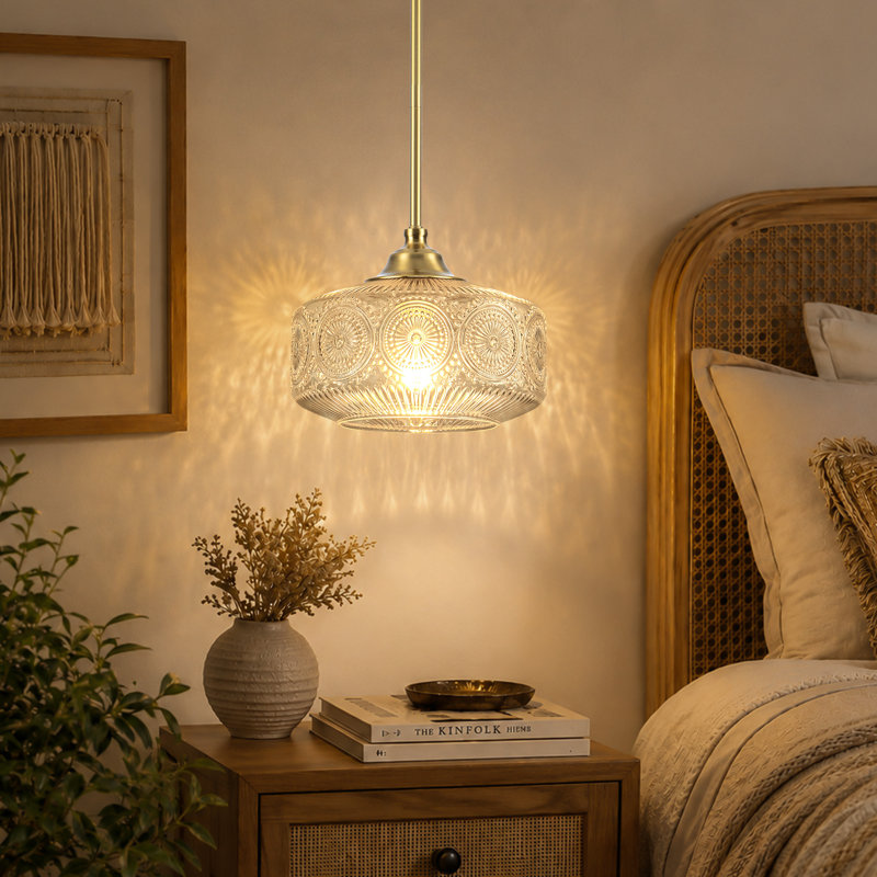 Luminaire suspendu en verre à motif à 1 lumière 9,45 po Sunburst pour îlot de cuisine, Gold