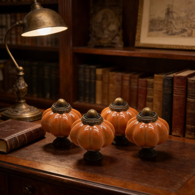 Vintage Ceramic Cabinet Knobs With Screws, Rust Orange Pumpkin Shaped Drawer Pulls For Furniture, Set Of 4