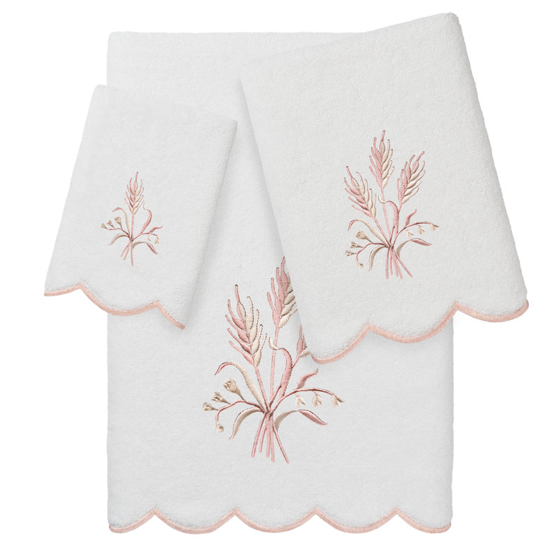  Ensemble de serviettes 100% coton festonné 100% coton WHITNEY, Blanc / Rose, Ensemble 3 serviettes de bain
