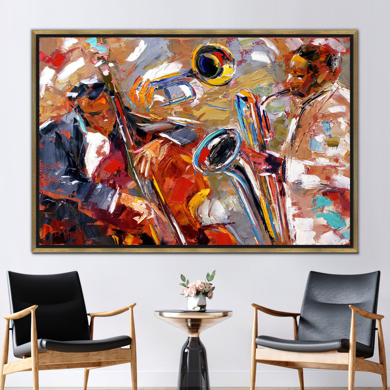 Abstract Jazz Music Canvas Art Featuring Saxophone and African American Ethnic Elements, Gold Floater Framed
