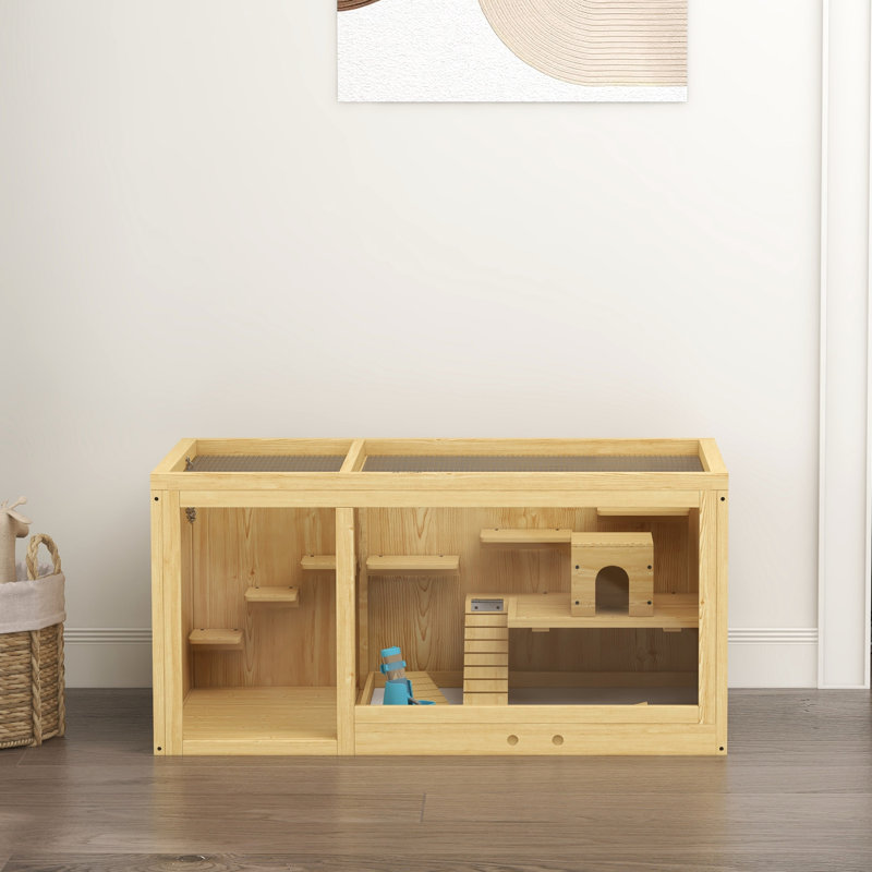 Grande enceinte de hamster - en bois, multicouche, avec balançoires à bascule, bouteille d'eau, plateau coulissant, plateau ouvert pour hamster nain et gerbille