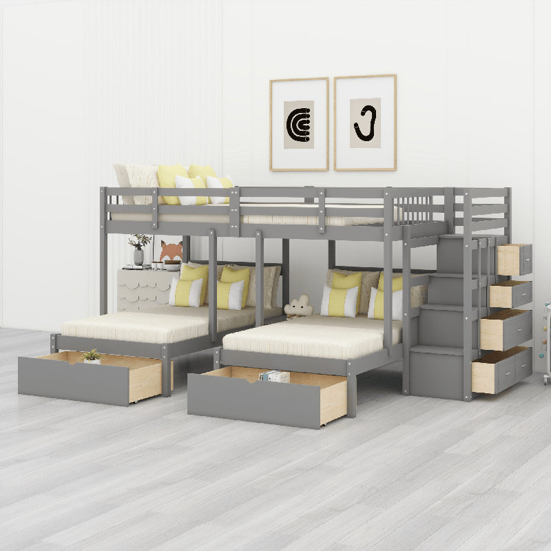 Wood Triple Bunk Bed, Gray