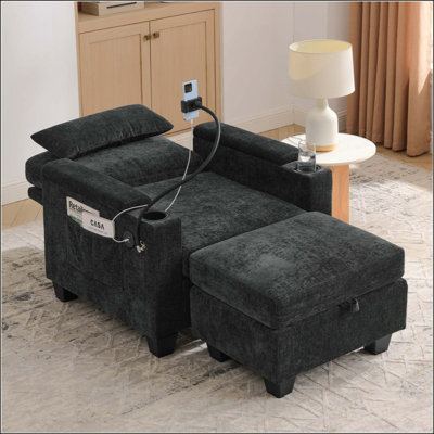 Canapé inclinable simple avec dossier réglable manuellement, port de charge USB sur le côté de l'accoudoir, support pour téléphone inclus, rangement caché pour l'accoudoir et repose-pieds assorti