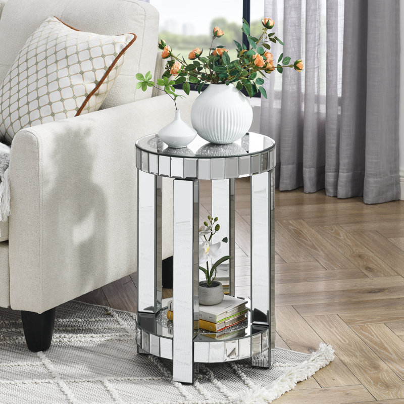 Table de bout ronde avec incrustation de cristal, table d'appoint en verre argenté à 2 niveaux pour le salon et la chambre à coucher
