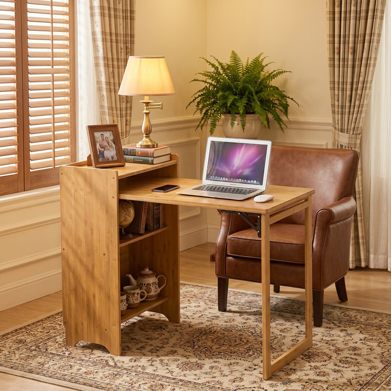 Bureau pliant moderne en bambou 39 po avec rangement, 33.45" H x 39.36" W x 20.87" D, Naturel
