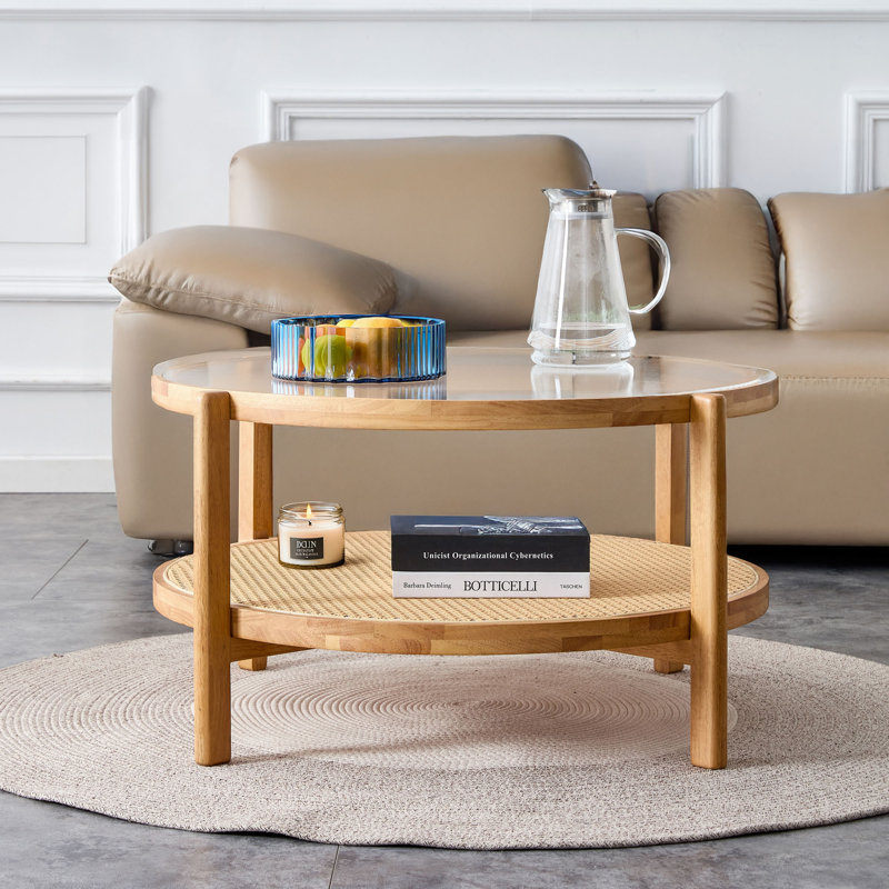 Modern Circular Solid Wood Tea Table With Rattan, Double-layer Round Side Table.
