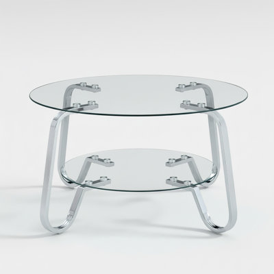 Table basse 31,5 po en verre trempé double couche, table basse ronde moderne avec cadre en métal pour le salon