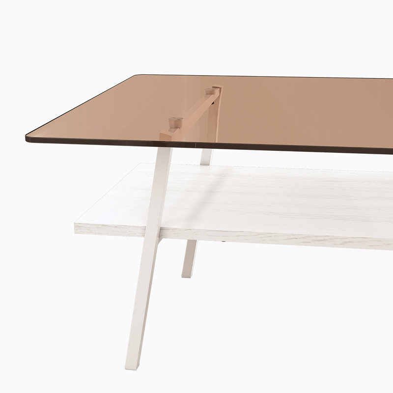 Table basse rectangulaire, plateau de table en verre trempé avec pieds en métal, Blanc, Brun