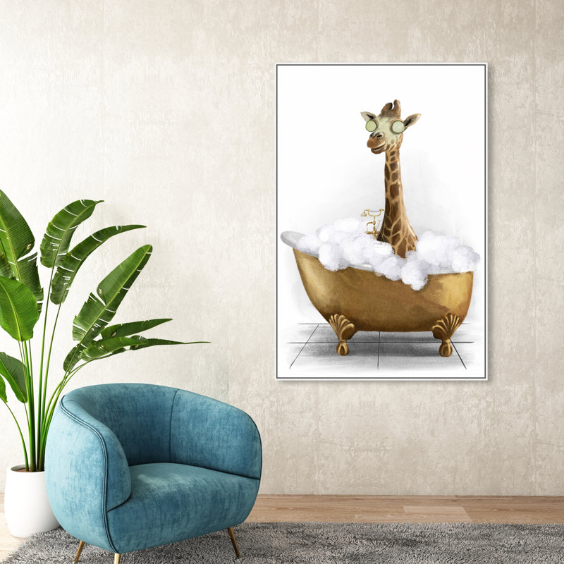 Bathtime Giraffe - Peinture sur toile, H 30 po x l 20 po, Toile encadrée, Blanc