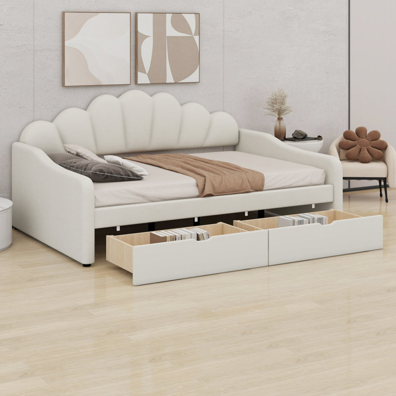 Structure de lit de jour rembourrée Shell-Back avec deux tiroirs de rangement pratiques, Beige