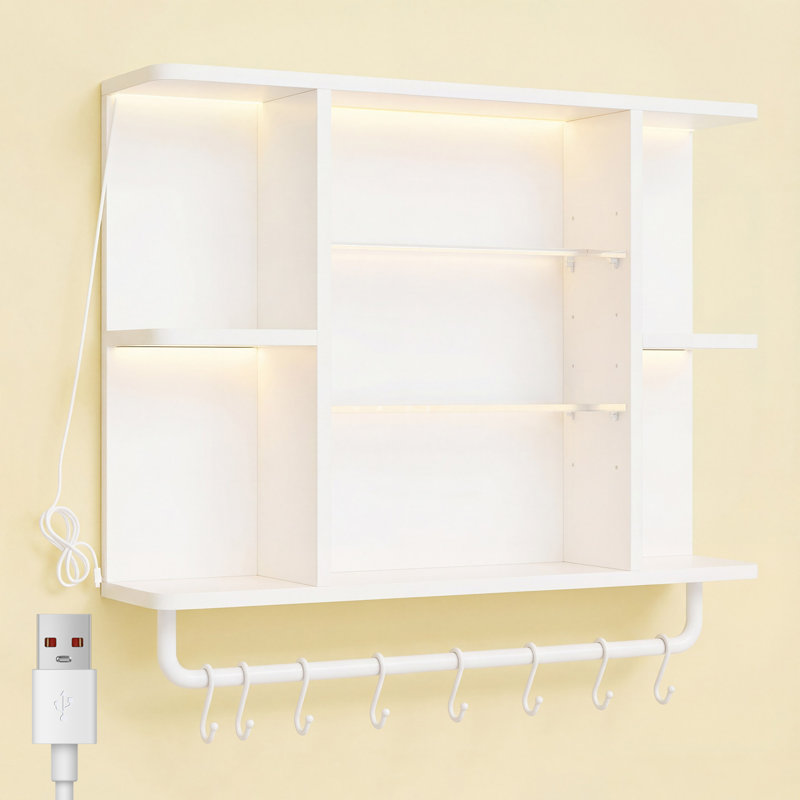 Tablette flottante murale de 33,4 po de largeur avec tablettes en verre et crochets en métal, Blanc