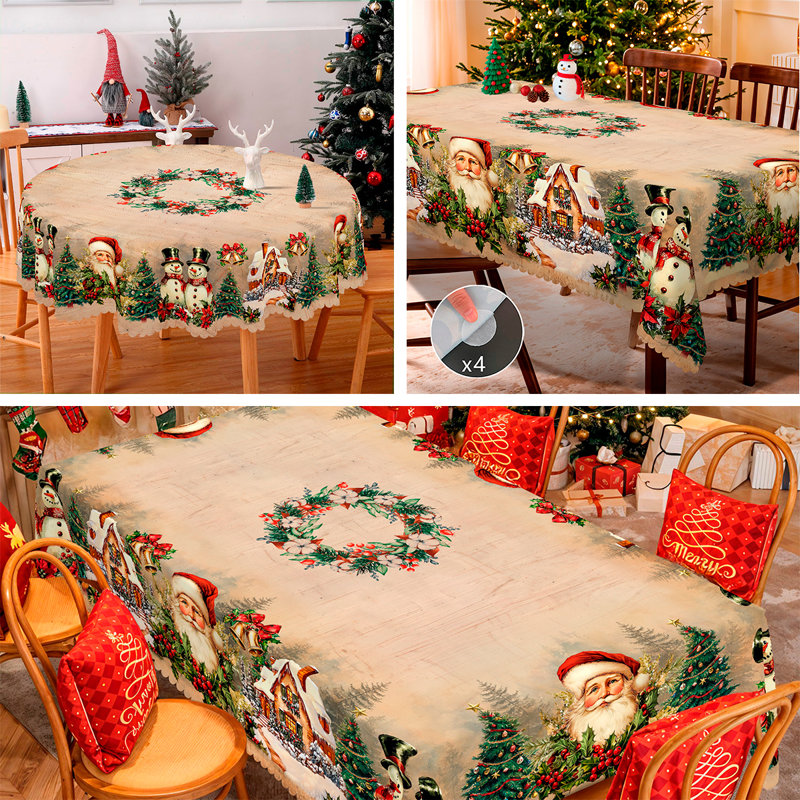 1 nappe ronde / rectangulaire en polyester de 1 pièce, nappe de Noël avec pin, bonhomme de neige, camion, bord embosé, décorations de Noël pour table à manger, décoration de table de fête festive, cadeau de fête parfait