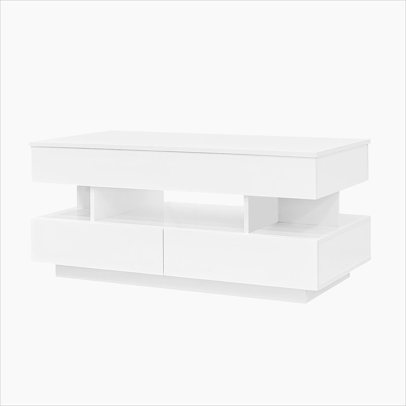Table basse à plateau relevable avec 2 tiroirs, table basse moderne avec compartiment dissimulé adéquat, table basse à plateau relevable multifonctionnel avec finition ultrabrillante pour le salon