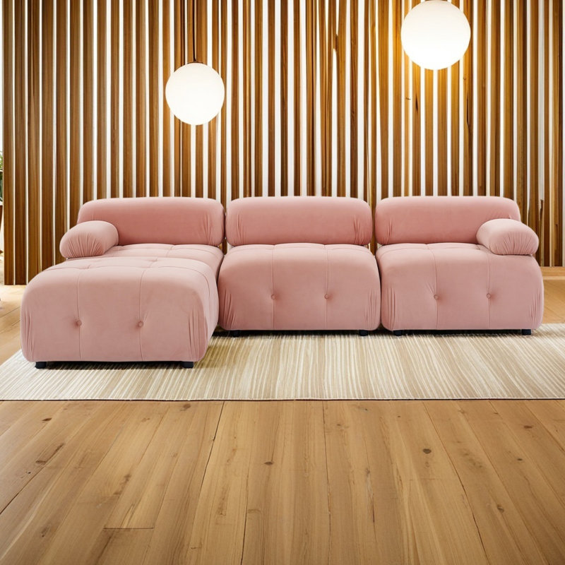 Canapé modulaire modulaire, capitonné à boutons et bricolage, canapé en forme de L avec repose-pieds réversible, Tissu rose