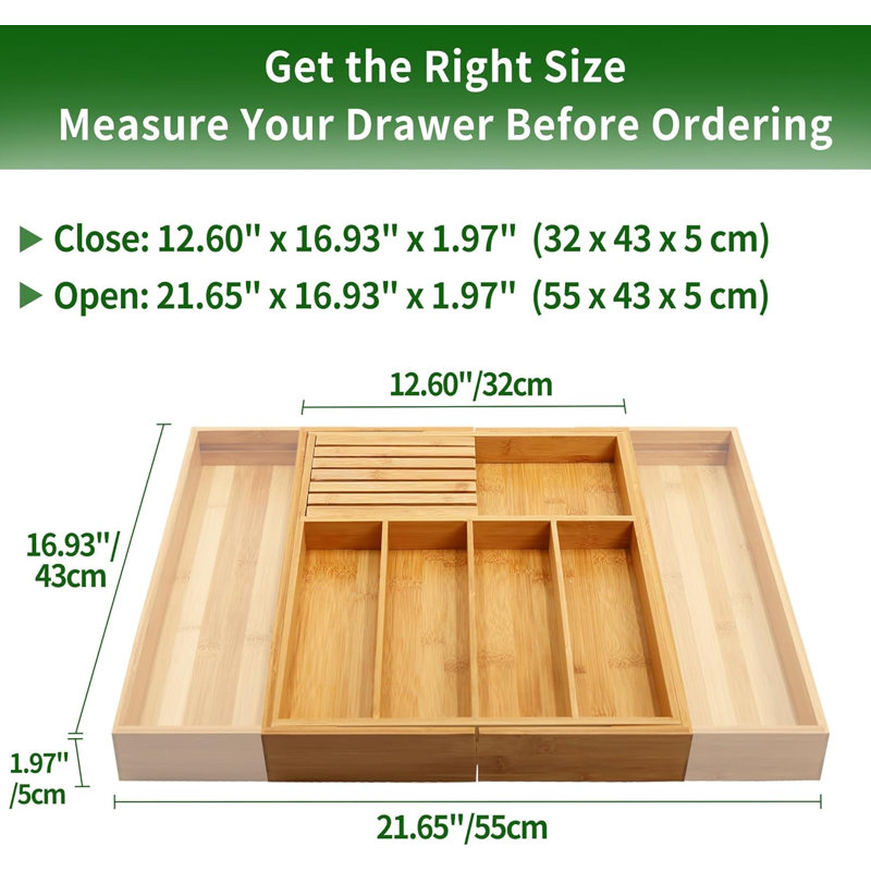 Bamboo Silverware Drawer Organizer Kitchen,Natural,7 Slot
