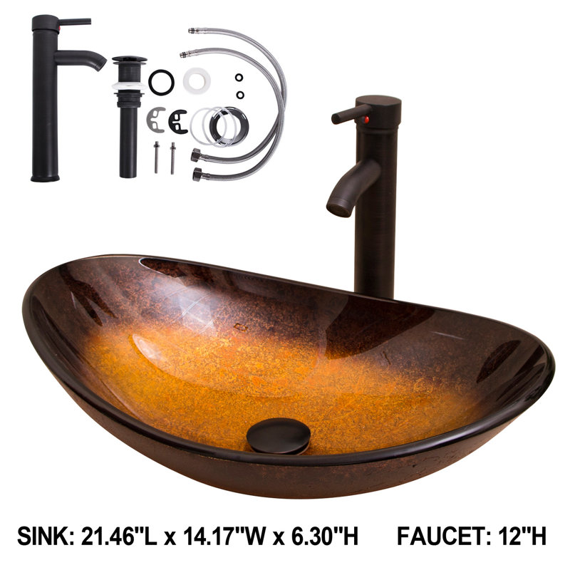 Wonline 14.17'' Tempered Glass Oval Bathroom Sink with Faucet, Black/Golden