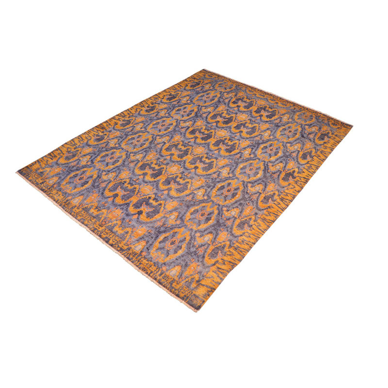 Tapis jaune / gris en laine noué à la main 7 pi 7 po x 10 pi Shriya Ikat