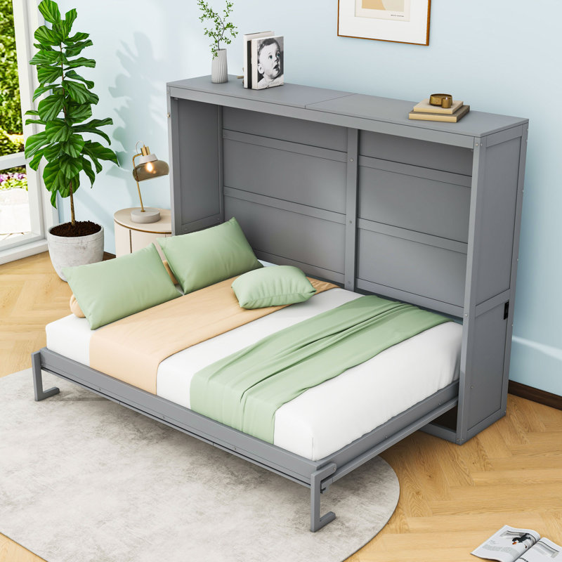 Budhan Wooden Murphy Bed Wall Bed, Gray, Full