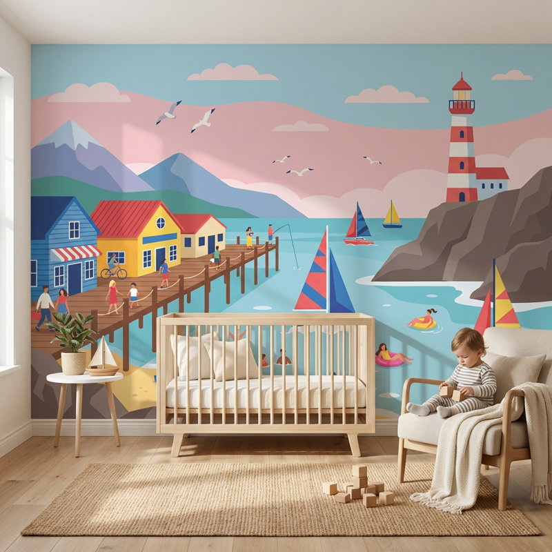 Murale phare de bord de mer, Non tissé non collé, 160 po x 108 po
