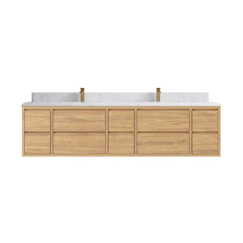 Teck flottant Cadge X P 22 po Meuble-lavabo double en D naturel clair avec bordure en bord de mer Empira blanc quartz