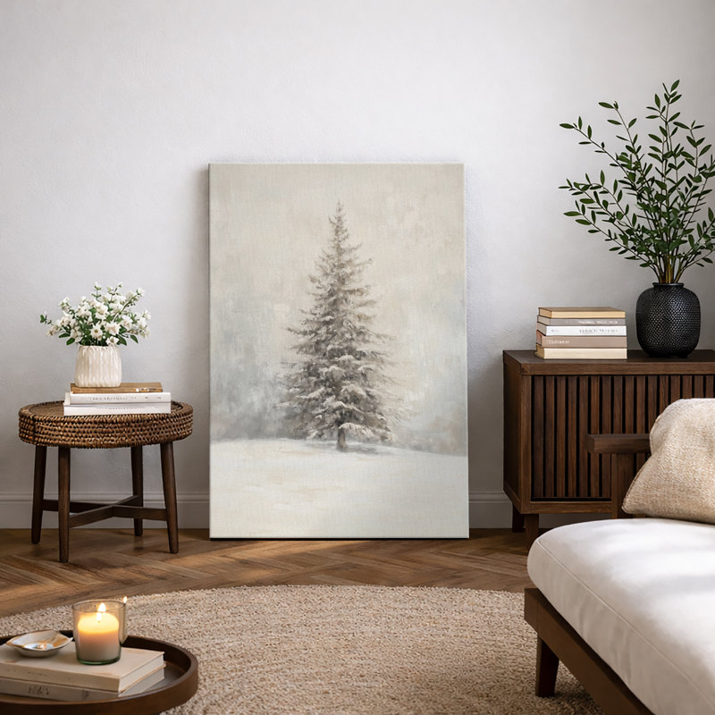 Œuvre de sapin enneigé enneigé, photos murales neutres de vacances rustiques modernes, impression sur toile encadrée