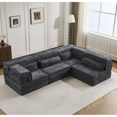 Compression Mahjong Sofa, Convertible Floor Sofa Bed, DIY Boneless Modular Sectional, No Assembly, Circle Fleece Fabric, Oversized 4 Seater With 4 Pillows