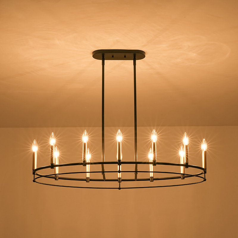 Lustre en roue de chariot 12 lumières noir et or pour îlot de cuisine