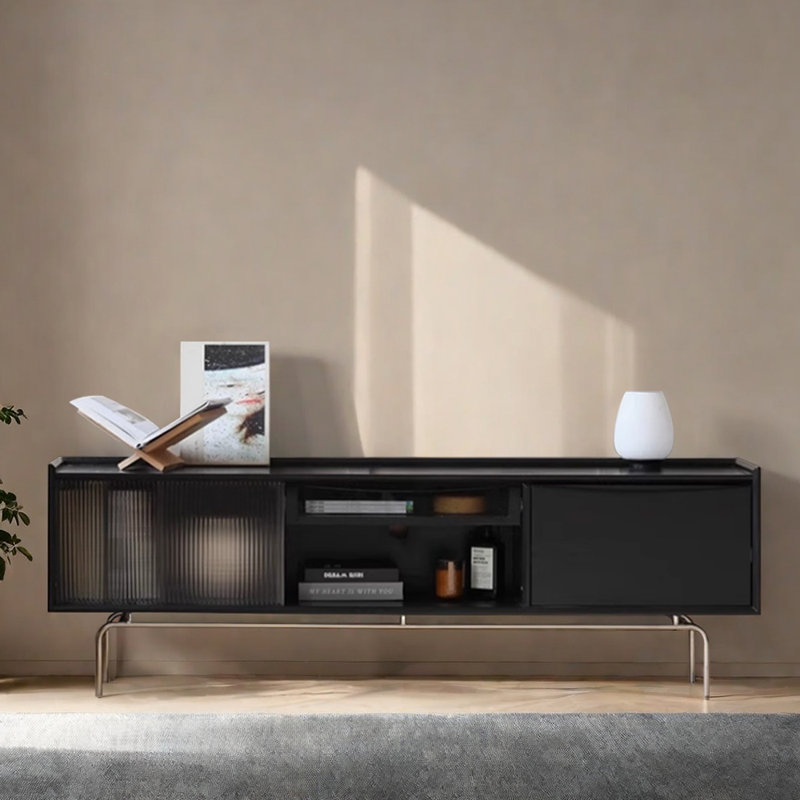 Retro minimalist design black TV cabinet, 21.65"H x 78.74"L x 15.74"W