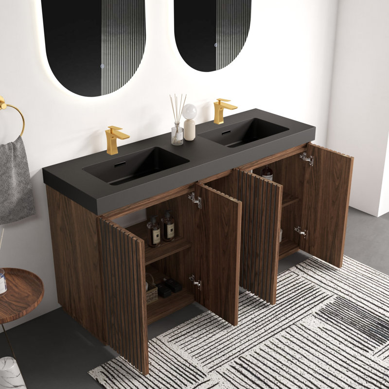 Meuble-lavabo 60F, Noyer brun, Noir