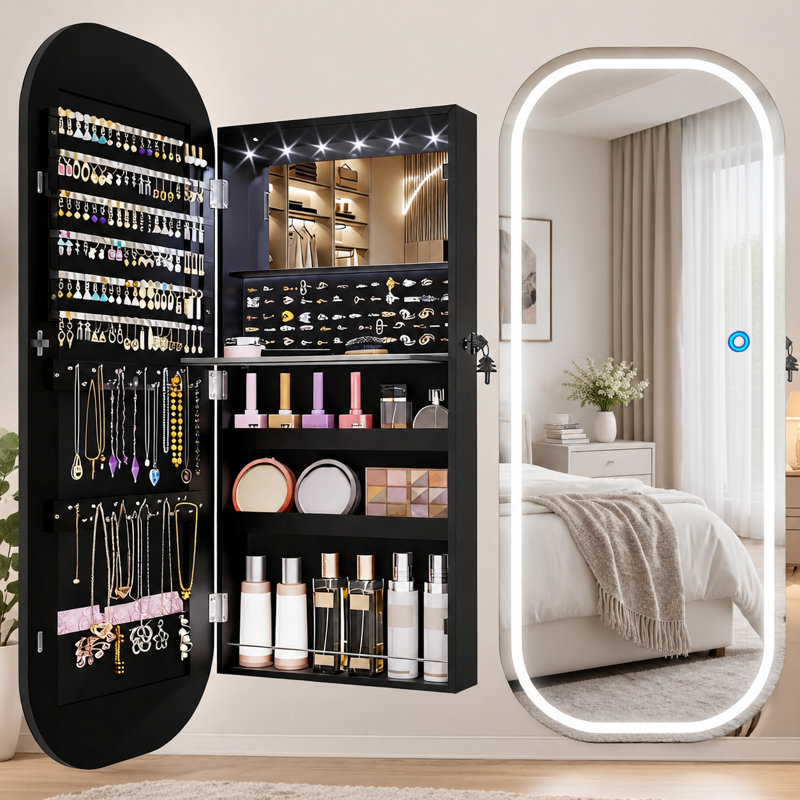 Armoire à bijoux avec miroir, organisateur de bijoux mural / porte, l, noir