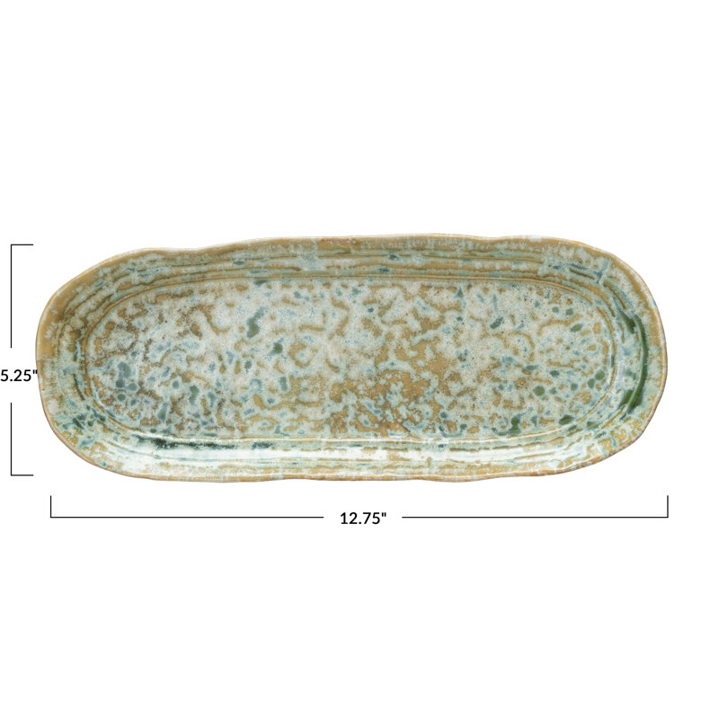 Plateau long en grès avec glacis réactif craquelé, 0.88" H x 5.25" W x 12.75" L