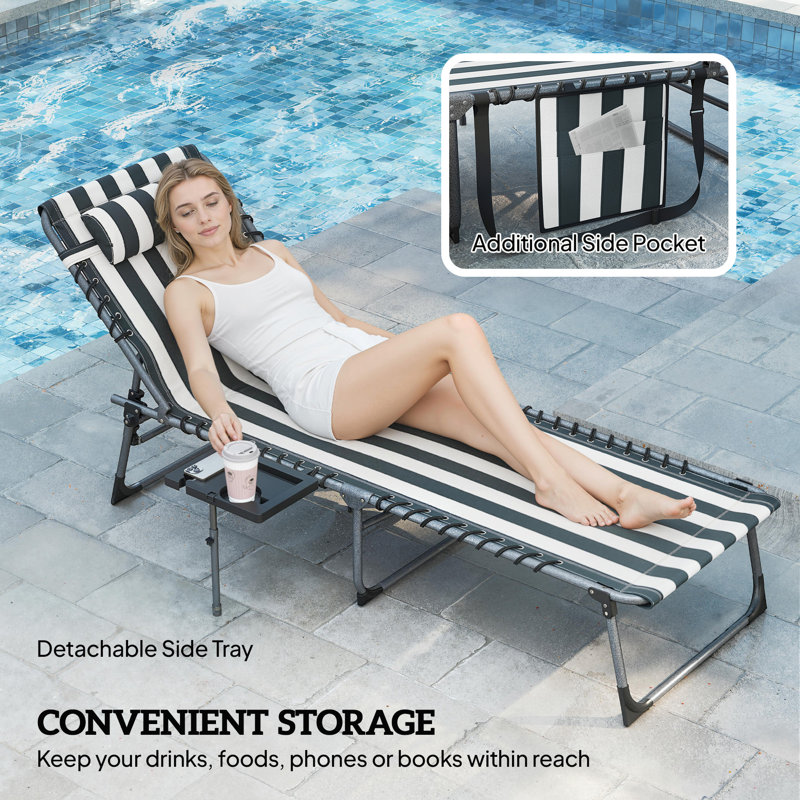 Folding Chaise Lounge Chair Outdoor Tanning Chair with Side Table, 5-Level Adjustable Beach Lounge Chair with Headrest, Side Pocket for Patio, Backyard, Beach, Poolside, Blue and White