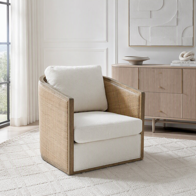 Fauteuil demi-tonneau pivotant avec rotation à 360 degrés et tissu bouclé