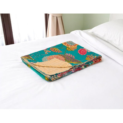 50" X 70" Teal And Pink Floral Cotton Quilted Kantha Throw Blanket with Embroidery