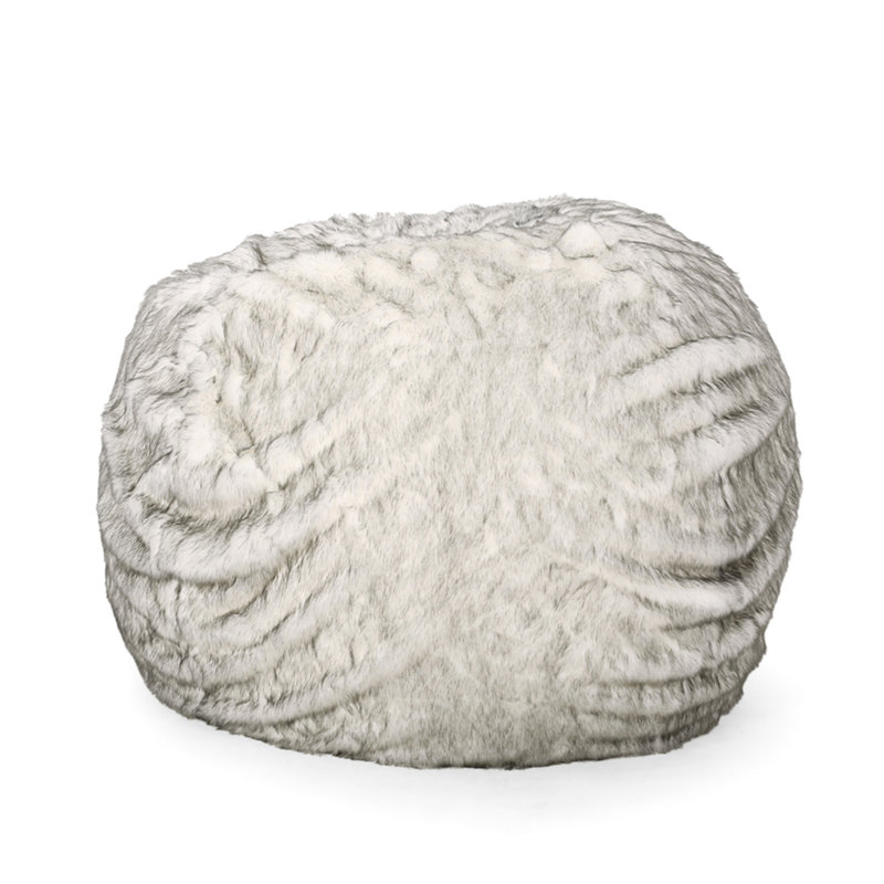 Pouf rond Negar de 1,5 m en fausse fourrure courte, blanc et gris