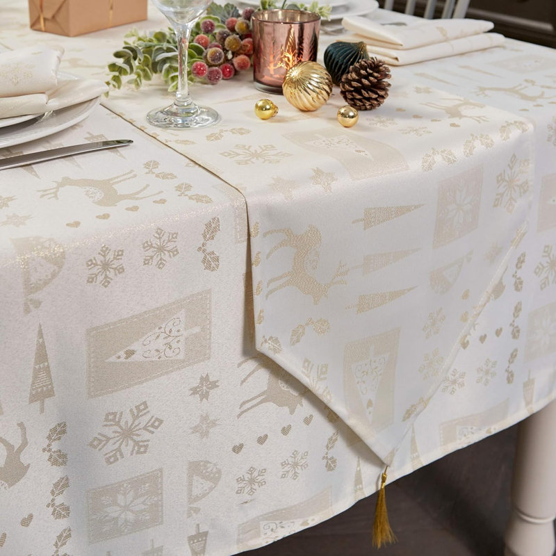 Christmas Theme Tasselled Table Runner 13in, 33cm W x 183cm L, Cream