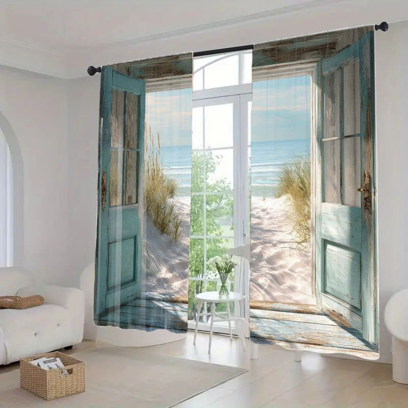 2Pcs Ocean Beach Scenery Door Window Curtains Coastal Sandy Path Sea View Curtain Panels for Living Room Bedroom Bathroom Kitchen Office Home Decor Rod Pocket Light Filtering Privacy Treatment